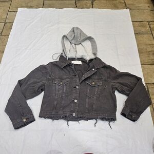 Mustard Seed gray cropped denim jacket featuring a hooded design and distressed